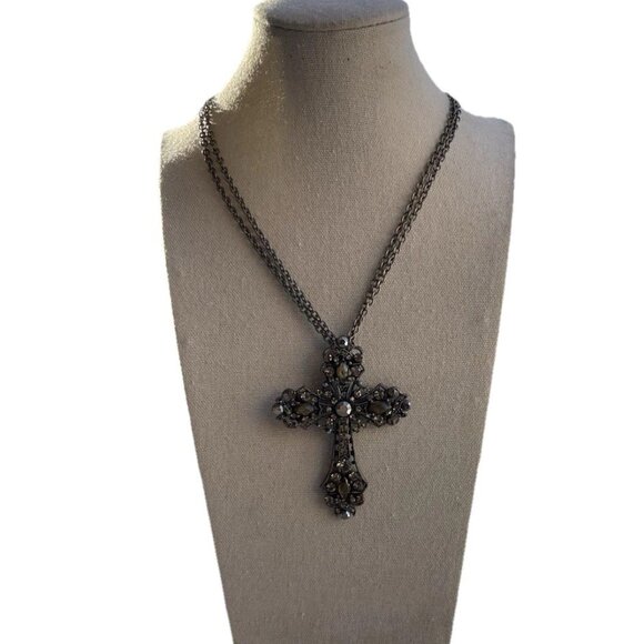 Estate Jewelry - Vintage Silver Cross Necklace Gray Rhinestones Large Pendant Stones Religious